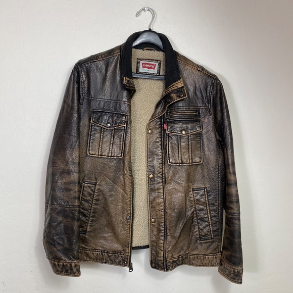 Levi's brown distressed XL faux leather Trucker/biker style jacket - Picture 14 of 15